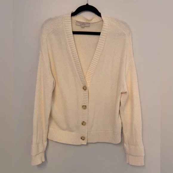 LOFT Stitchy V Neck Cardigan; Whisper White; XL; Cream Cardigan; 100% Cotton - Picture 2 of 5